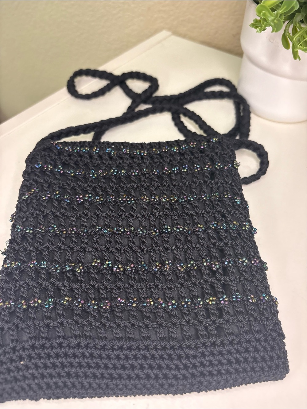 Vintage Black Beaded Crochet Crossbody Bag Boho Festival Purse Iridescent - Picture 6 of 8